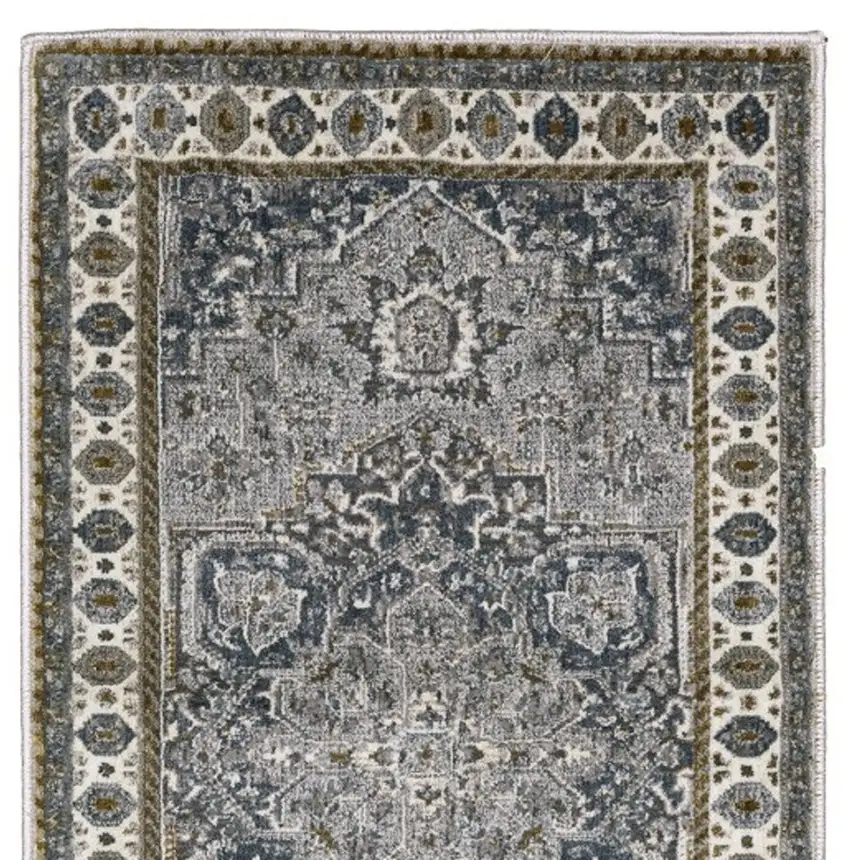8' Brown And Blue Medallion Runner Rug Photo 8