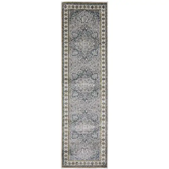 8' Brown And Blue Medallion Runner Rug Photo 2