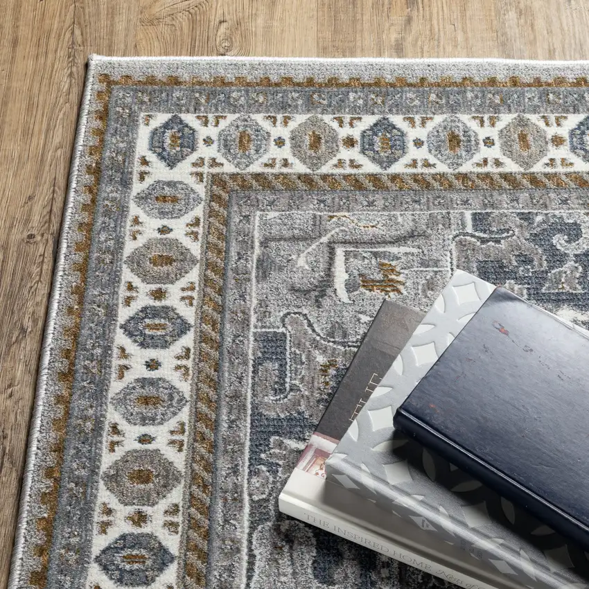 8' Brown And Blue Medallion Runner Rug Photo 9