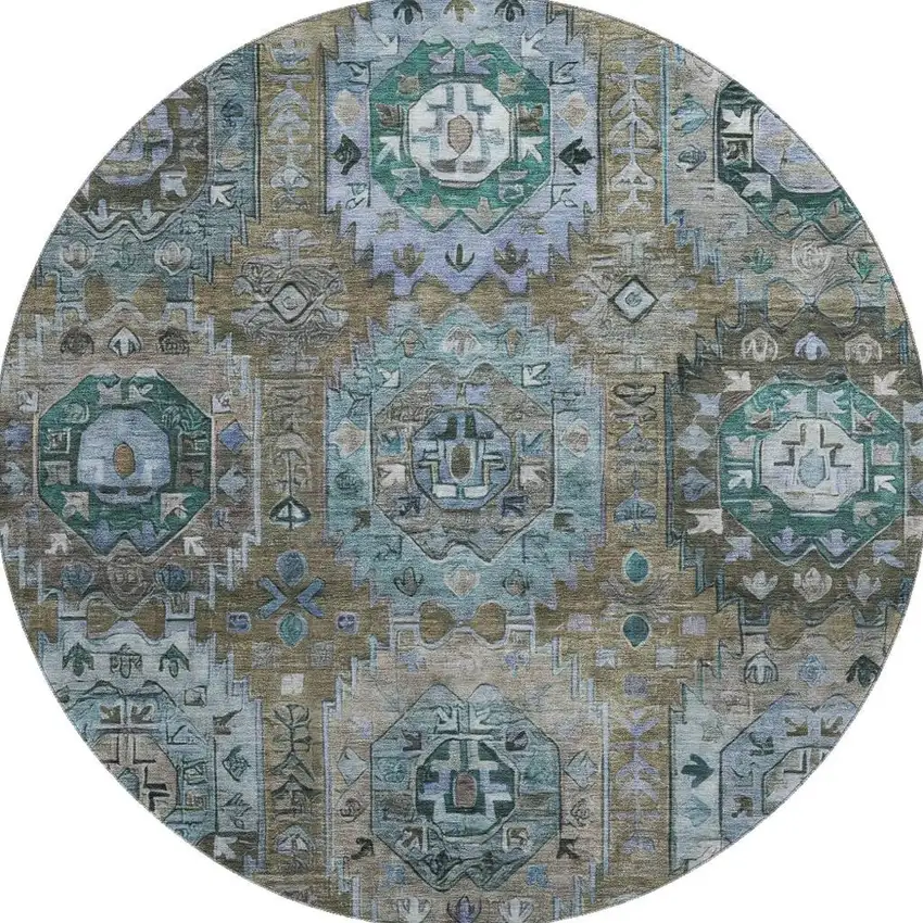 8' Brown And Blue Medallion Washable Round Rug With UV Protection Photo 4