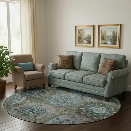 8' Brown And Blue Medallion Washable Round Rug With UV Protection Photo 2