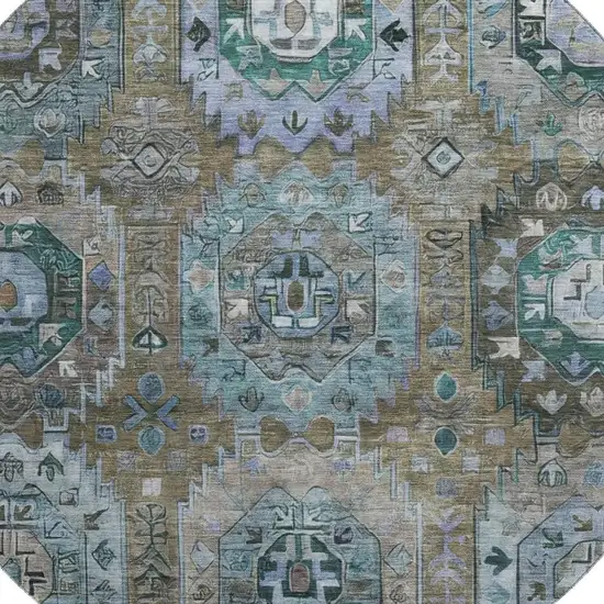 8' Brown And Blue Medallion Washable Round Rug With UV Protection Photo 3
