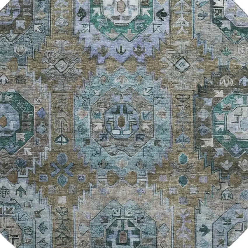 8' Brown And Blue Medallion Washable Round Rug With UV Protection Photo 3
