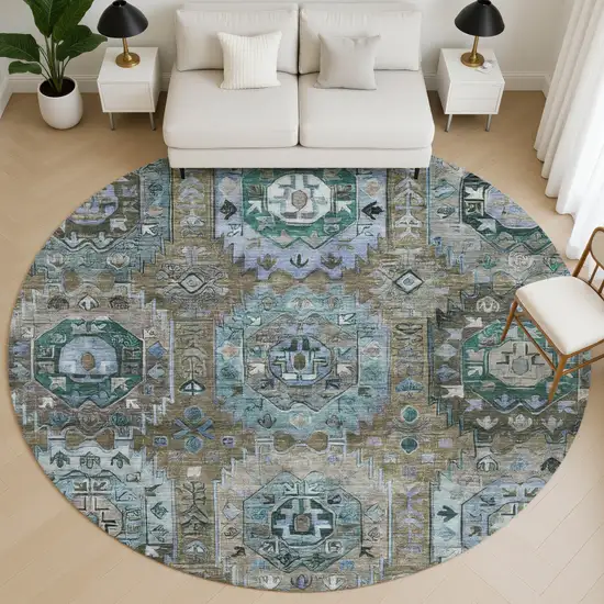 8' Brown And Blue Medallion Washable Round Rug With UV Protection Photo 5