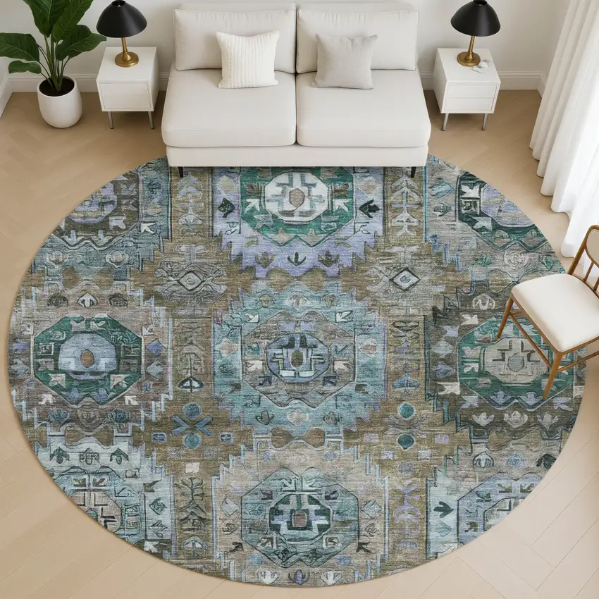 8' Brown And Blue Medallion Washable Round Rug With UV Protection Photo 5