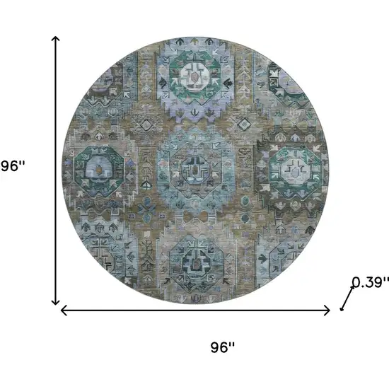 8' Brown And Blue Medallion Washable Round Rug With UV Protection Photo 8
