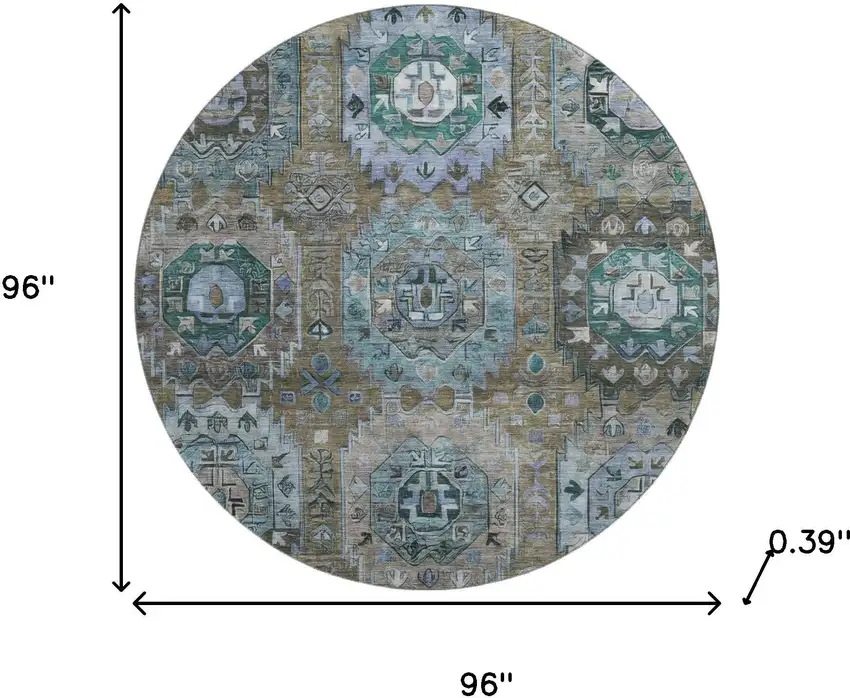 8' Brown And Blue Medallion Washable Round Rug With UV Protection Photo 8