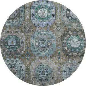 Photo of 8' Brown And Blue Medallion Washable Round Rug With UV Protection