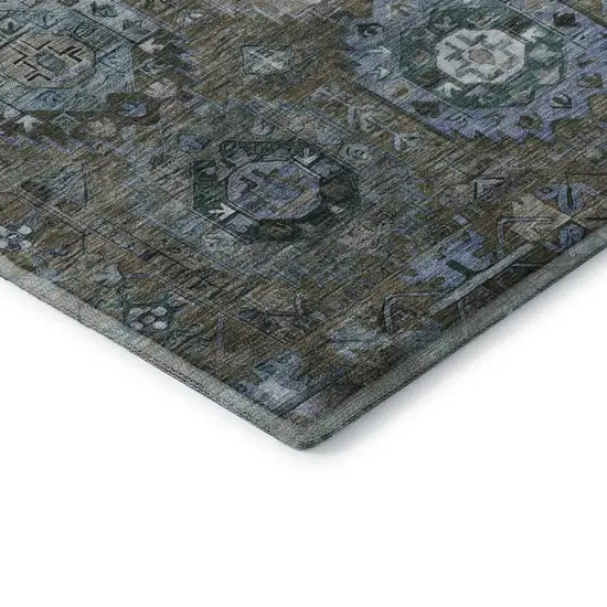 8' Brown And Blue Medallion Washable Round Rug With UV Protection Photo 6