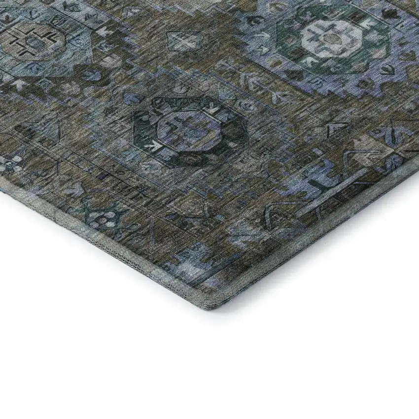 8' Brown And Blue Medallion Washable Round Rug With UV Protection Photo 6