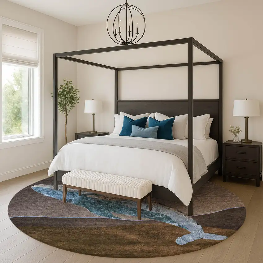 8' Brown And Blue Nautical Washable Round Rug With UV Protection Photo 5