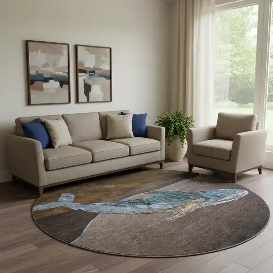 8' Brown And Blue Nautical Washable Round Rug With UV Protection Photo 2