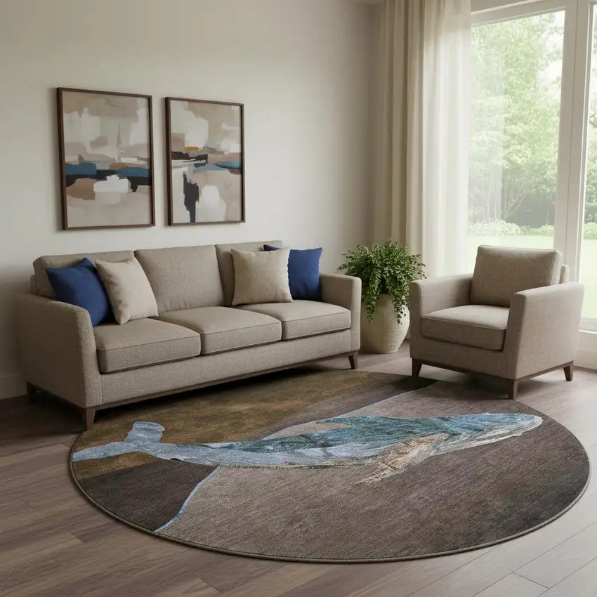 8' Brown And Blue Nautical Washable Round Rug With UV Protection Photo 2