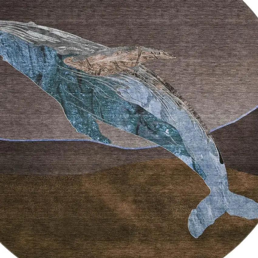 8' Brown And Blue Nautical Washable Round Rug With UV Protection Photo 3