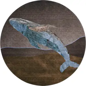 Photo of 8' Brown And Blue Nautical Washable Round Rug With UV Protection