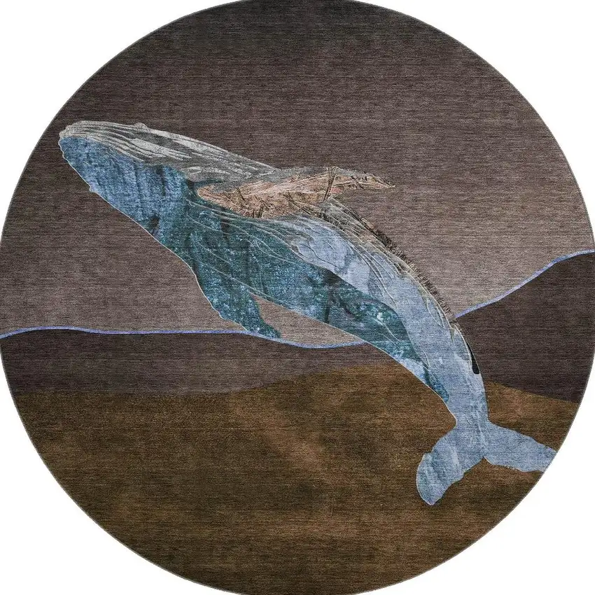 8' Brown And Blue Nautical Washable Round Rug With UV Protection Photo 4