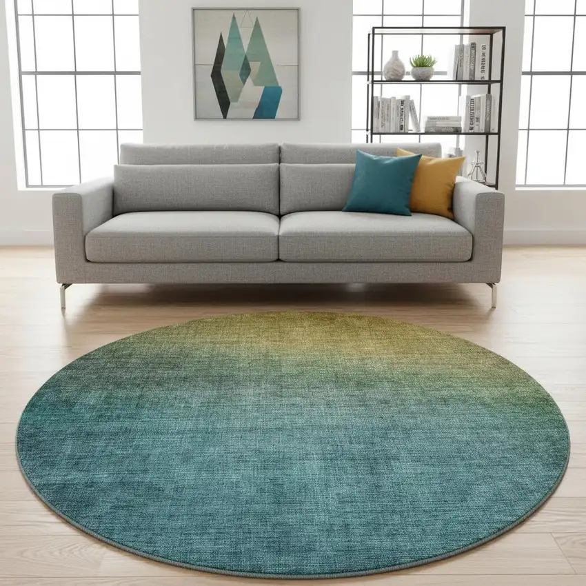 8' Brown And Blue Ombre Washable Round Rug With UV Protection Photo 2