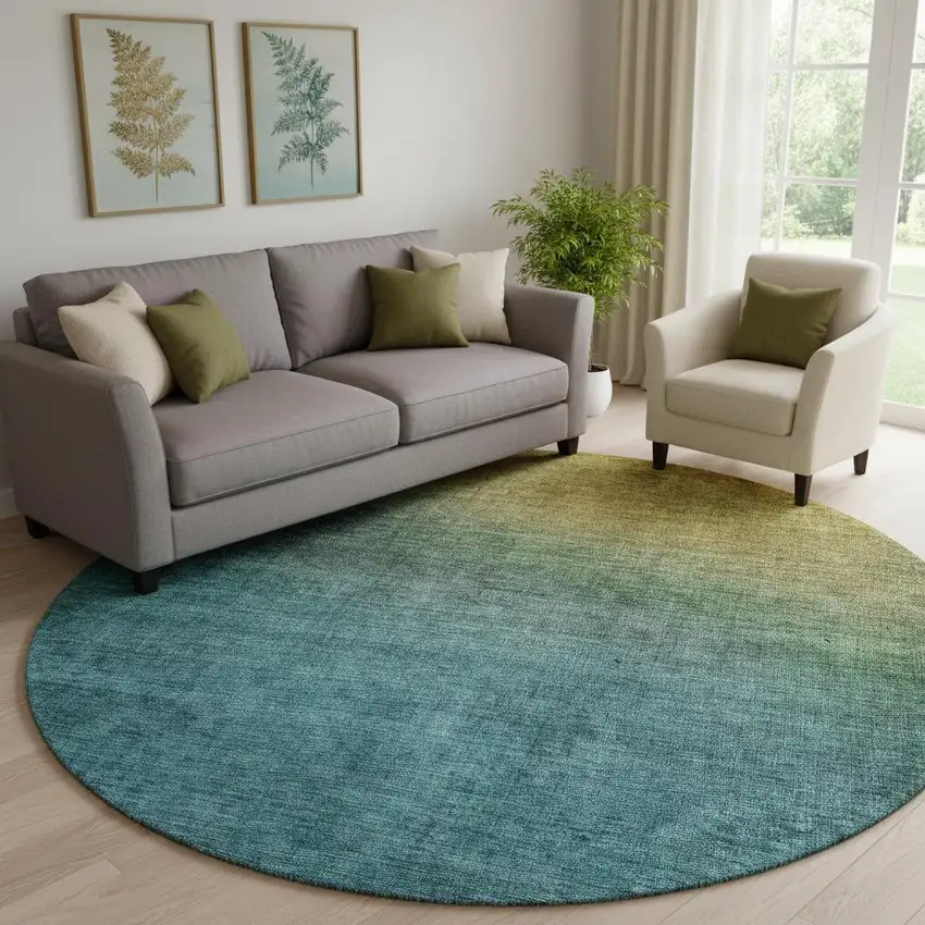 8' Brown And Blue Ombre Washable Round Rug With UV Protection Photo 1
