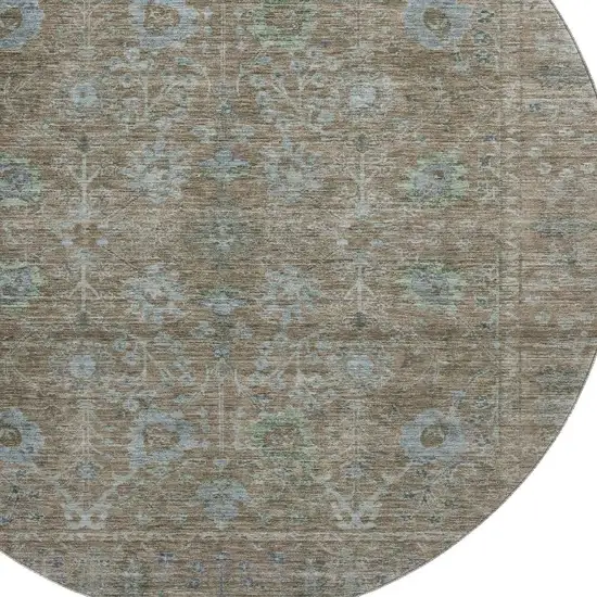 8' Brown And Blue Oriental Washable Round Rug With UV Protection Photo 2