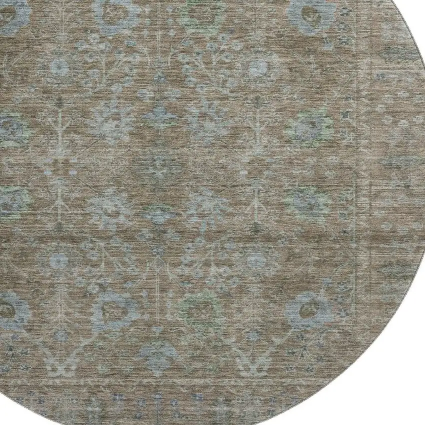 8' Brown And Blue Oriental Washable Round Rug With UV Protection Photo 2