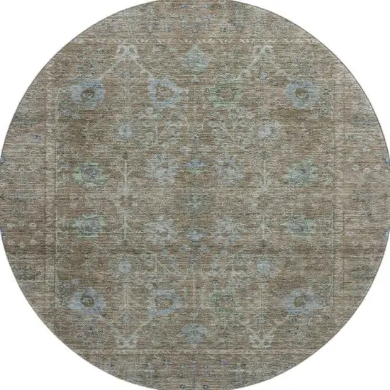 8' Brown And Blue Oriental Washable Round Rug With UV Protection Photo 3