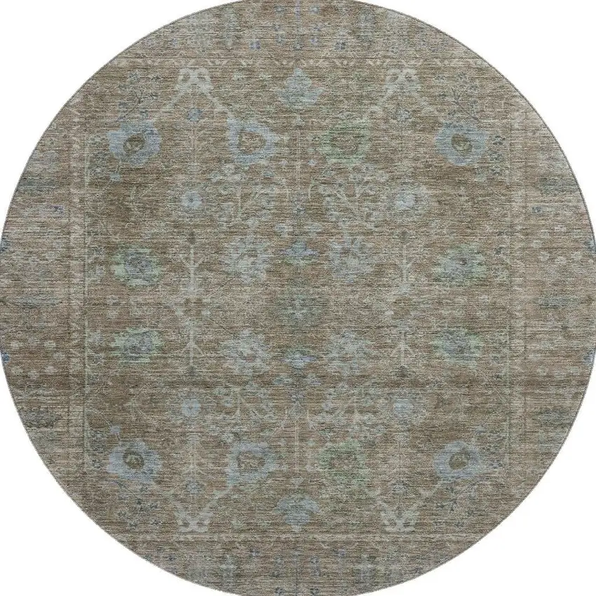 8' Brown And Blue Oriental Washable Round Rug With UV Protection Photo 3