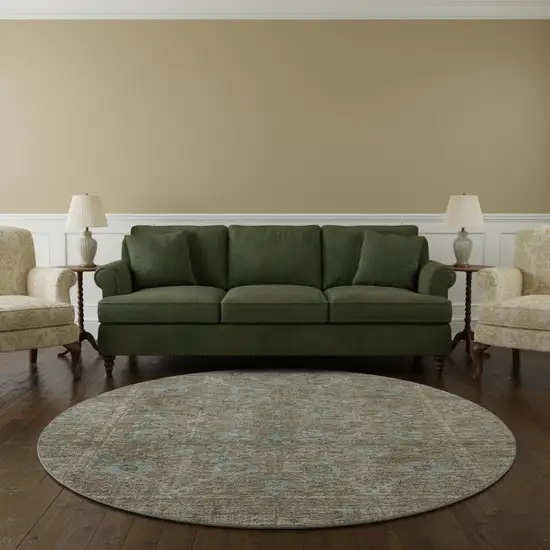 8' Brown And Blue Oriental Washable Round Rug With UV Protection Photo 2