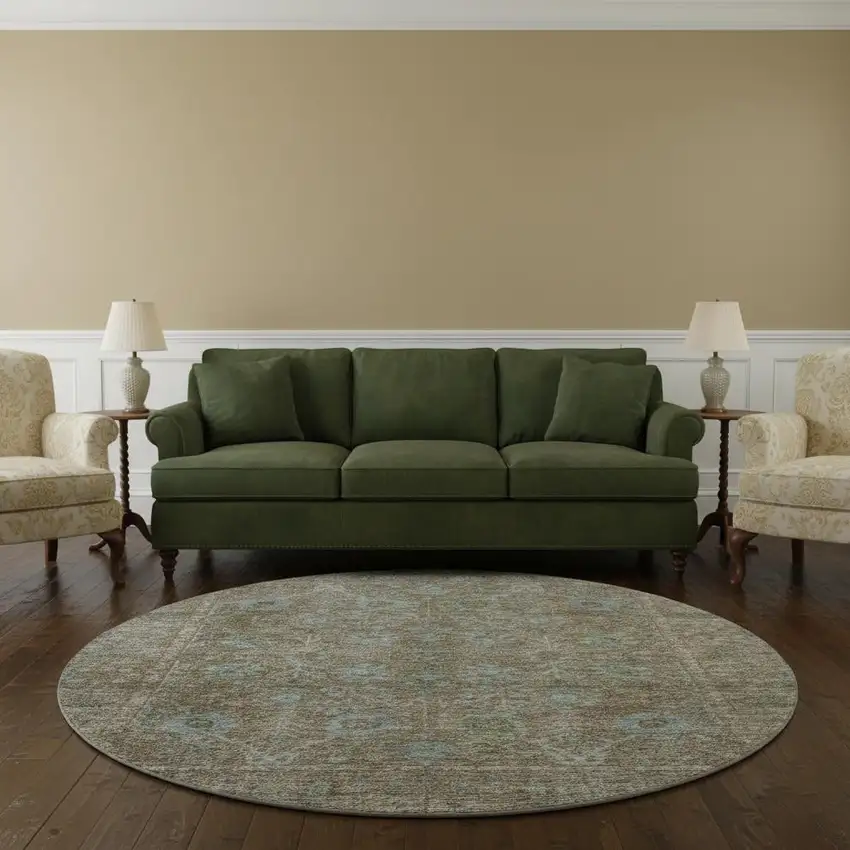 8' Brown And Blue Oriental Washable Round Rug With UV Protection Photo 2