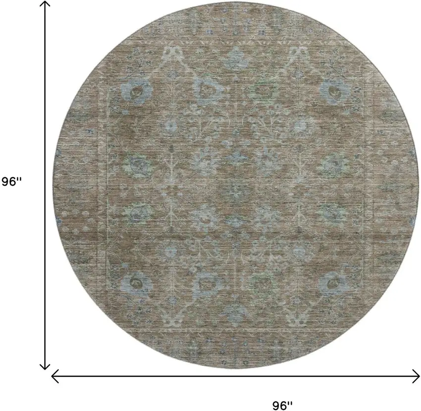 8' Brown And Blue Oriental Washable Round Rug With UV Protection Photo 9