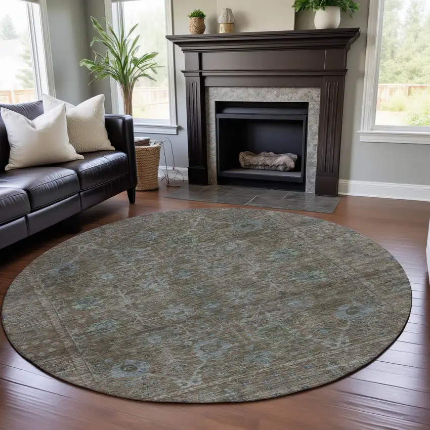 8' Brown And Blue Oriental Washable Round Rug With UV Protection Photo 4