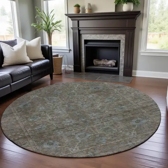 8' Brown And Blue Oriental Washable Round Rug With UV Protection Photo 4