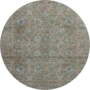Photo of 8' Brown And Blue Oriental Washable Round Rug With UV Protection