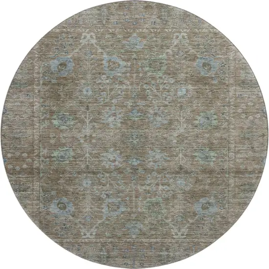 8' Brown And Blue Oriental Washable Round Rug With UV Protection Photo 1