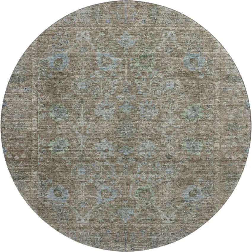 8' Brown And Blue Oriental Washable Round Rug With UV Protection Photo 1