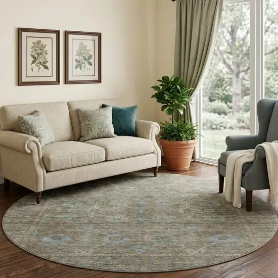 8' Brown And Blue Oriental Washable Round Rug With UV Protection Photo 1