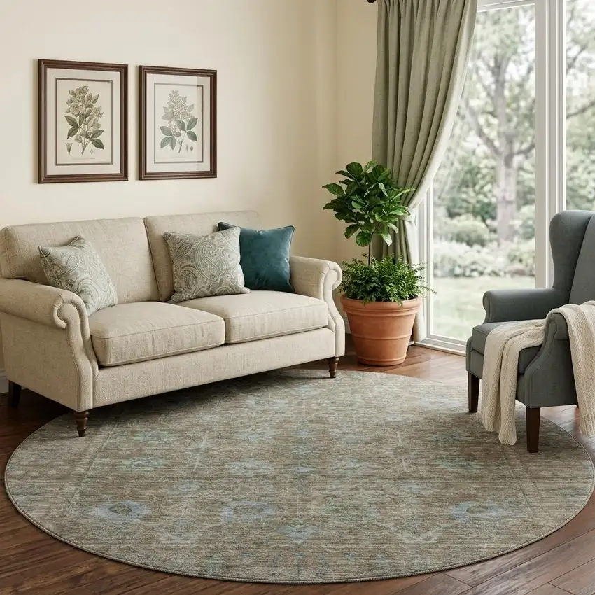 8' Brown And Blue Oriental Washable Round Rug With UV Protection Photo 1