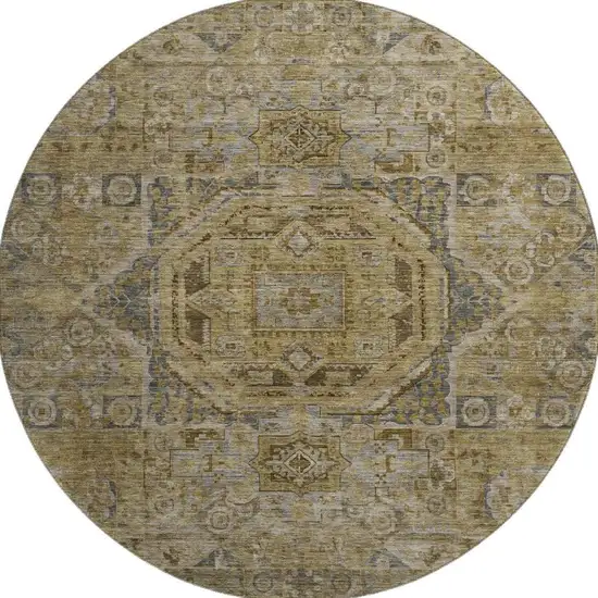 8' Brown And Blue Oriental Washable Round Rug With UV Protection Photo 3