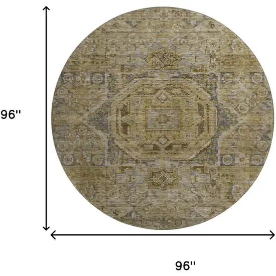 8' Brown And Blue Oriental Washable Round Rug With UV Protection Photo 9