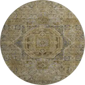 Photo of 8' Brown And Blue Oriental Washable Round Rug With UV Protection