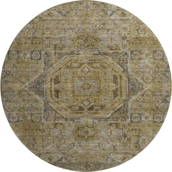 8' Brown And Blue Oriental Washable Round Rug With UV Protection Photo 1