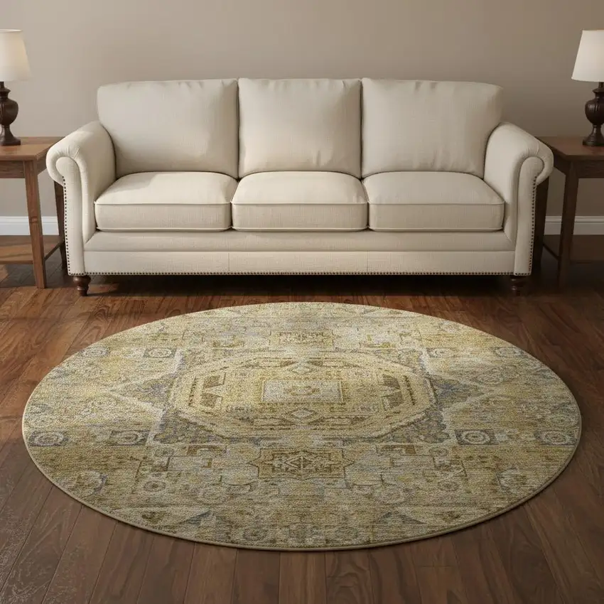 8' Brown And Blue Oriental Washable Round Rug With UV Protection Photo 2