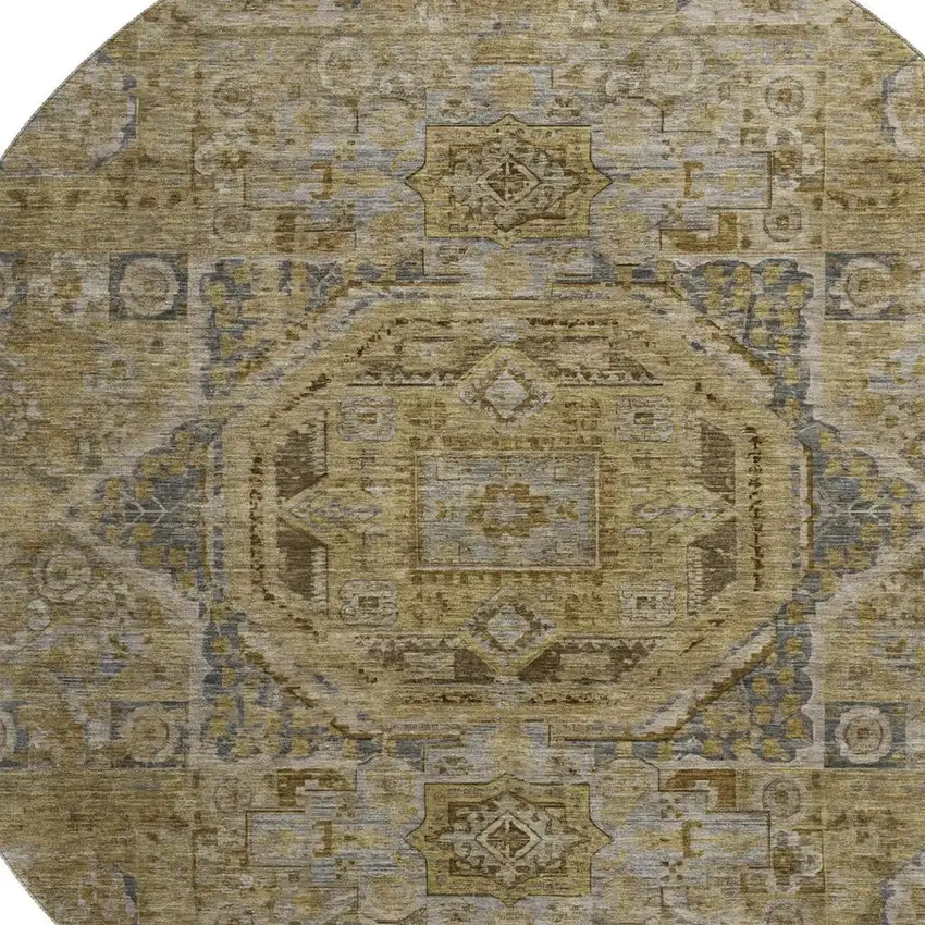 8' Brown And Blue Oriental Washable Round Rug With UV Protection Photo 2