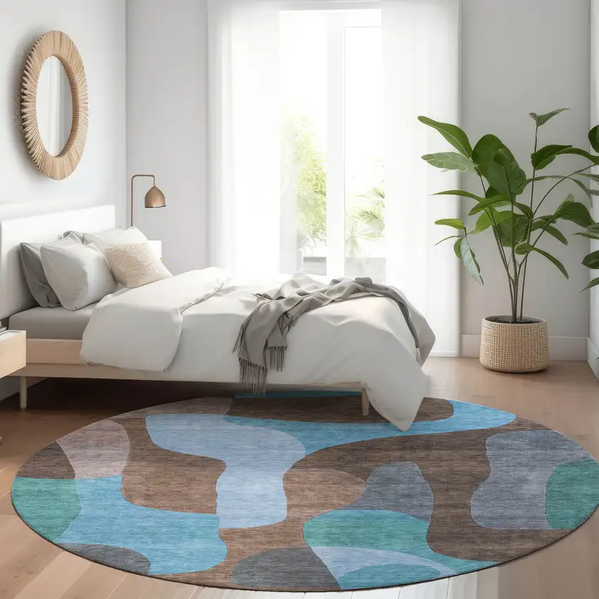 8' Brown And Blue Round Abstract Washable Indoor Outdoor Area Rug Photo 6