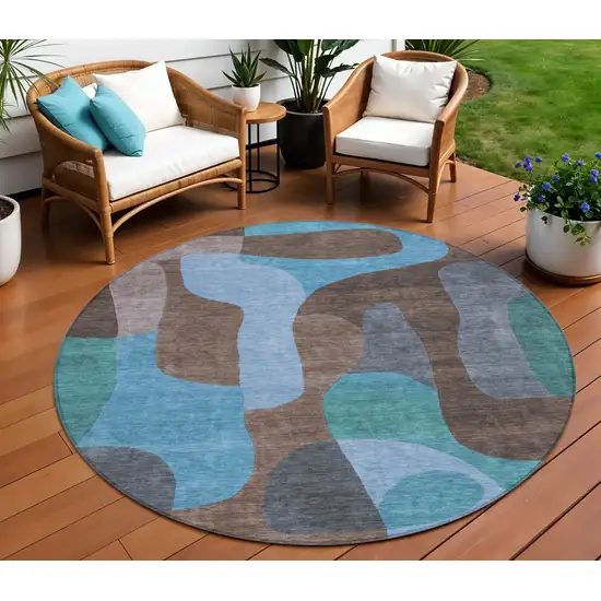 8' Brown And Blue Round Abstract Washable Indoor Outdoor Area Rug Photo 2