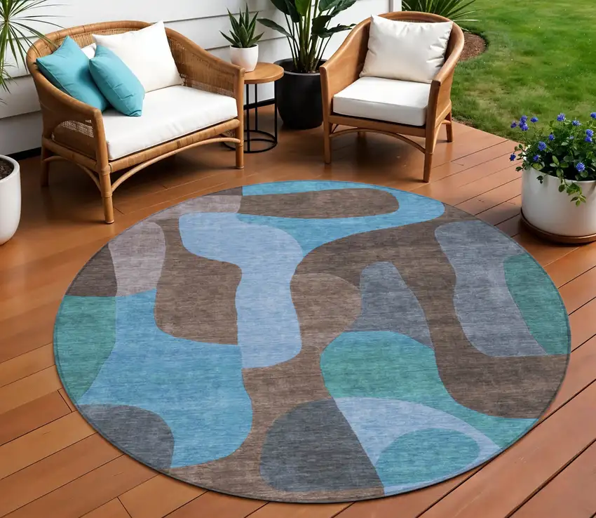 8' Brown And Blue Round Abstract Washable Indoor Outdoor Area Rug Photo 2