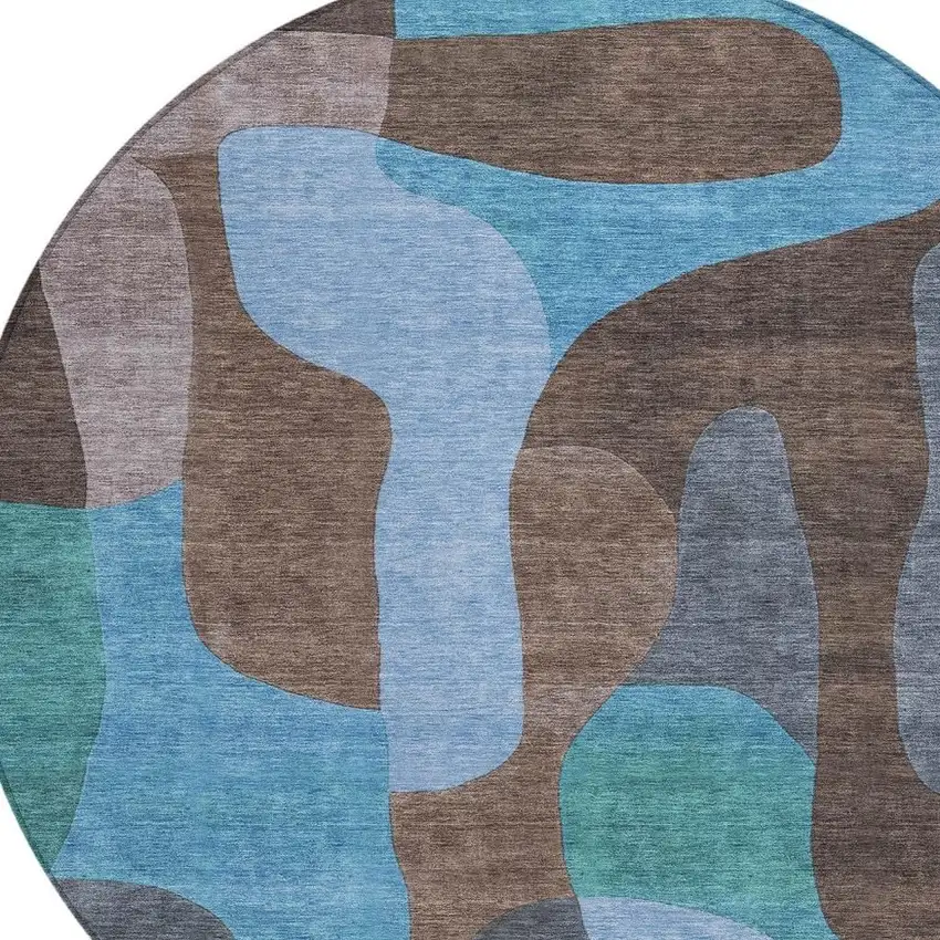 8' Brown And Blue Round Abstract Washable Indoor Outdoor Area Rug Photo 4