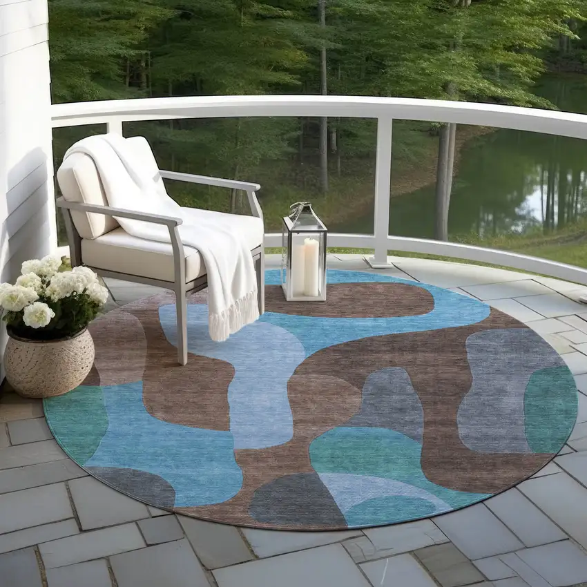 8' Brown And Blue Round Abstract Washable Indoor Outdoor Area Rug Photo 5