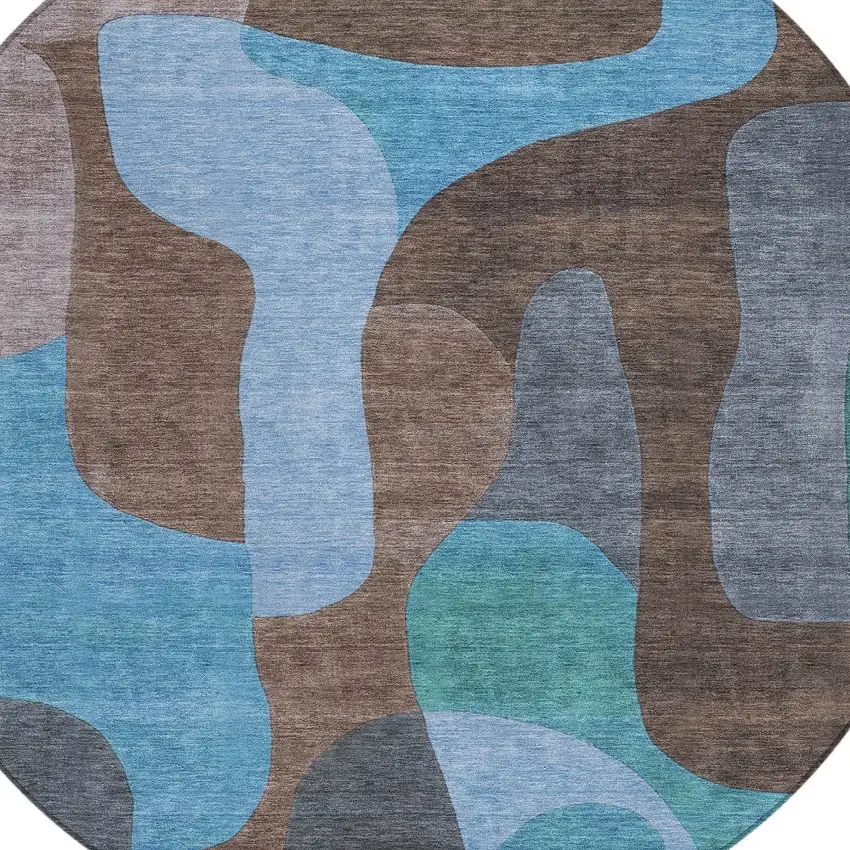 8' Brown And Blue Round Abstract Washable Indoor Outdoor Area Rug Photo 8