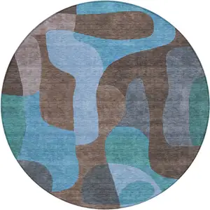 Photo of 8' Brown And Blue Round Abstract Washable Indoor Outdoor Area Rug
