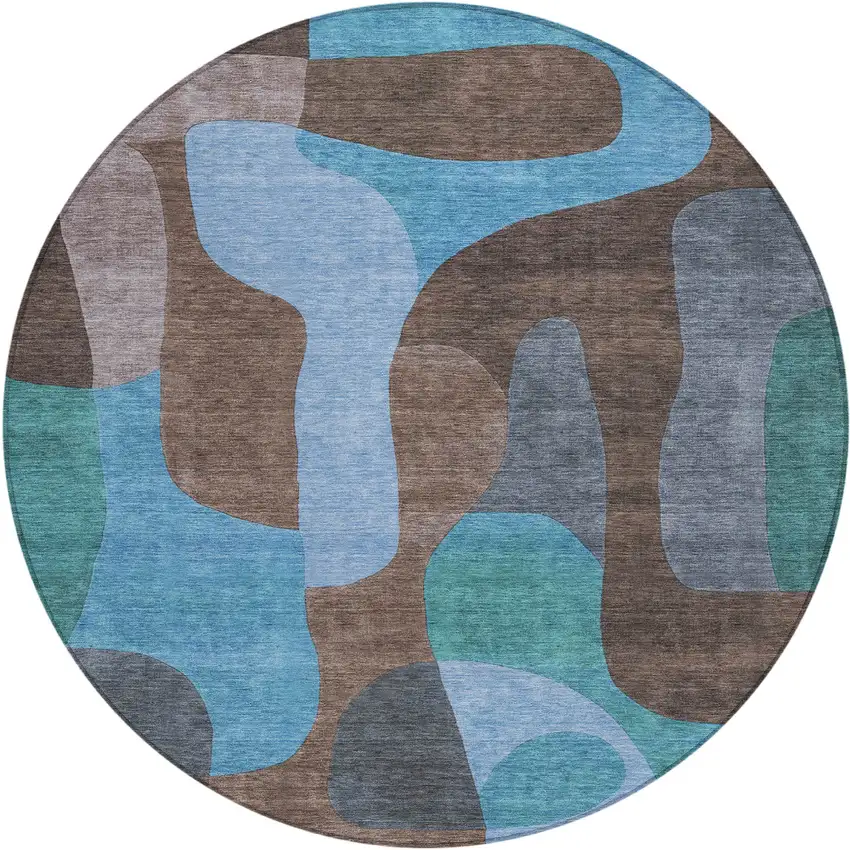 8' Brown And Blue Round Abstract Washable Indoor Outdoor Area Rug Photo 1